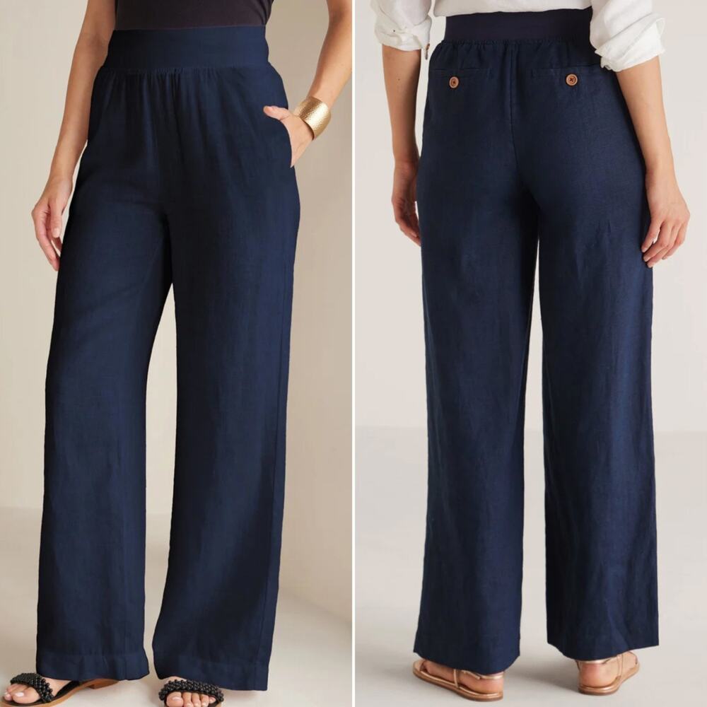 Soft Surroundings Aliso Pants Womens XL Navy 100% Linen Wide Leg Elastic Waist - Picture 11 of 11
